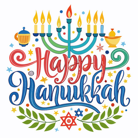 Colorful Happy Hanukkah greeting with a menorah, candles, a dreidel, and a Star of David.のイラスト素材