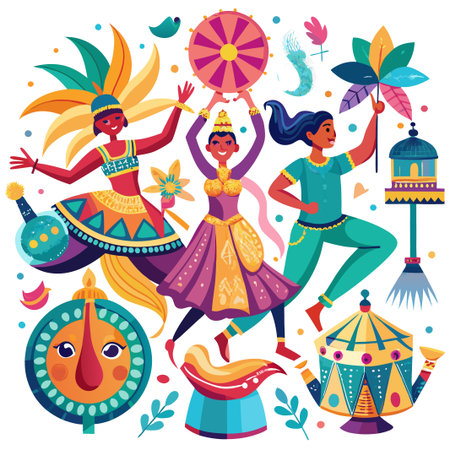 Colorful illustration of three women dancing in traditional clothing with festive decorations.のイラスト素材