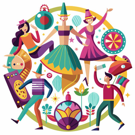 Colorful characters and geometric shapes in a circular design.のイラスト素材
