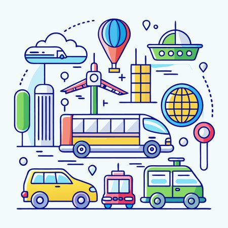 Line art illustration of transportation around the globe.のイラスト素材