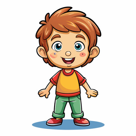 A happy cartoon boy with brown hair, wearing a yellow and red shirt, green pants, and red shoes, standing on a blue platform.のイラスト素材
