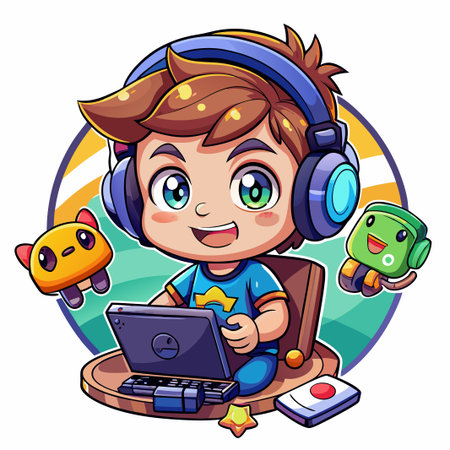 Happy cartoon boy in headphones using laptop.のイラスト素材
