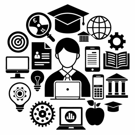 Black and white icons represent education, knowledge, and success.のイラスト素材
