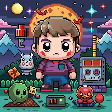 Pixelated Boy Character in a Video Game World.のイラスト素材
