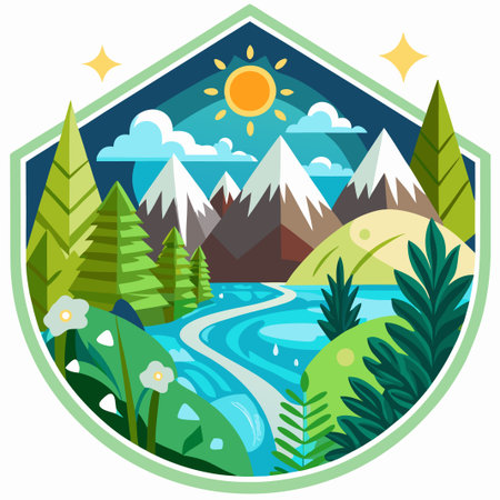 A river winds through a vibrant green landscape with mountains in the background and a bright sun shining above.のイラスト素材