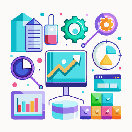 Colorful flat design infographic elements including charts, graphs, and data.のイラスト素材