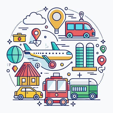 Colorful line art illustration of travel icons, including a plane, car, bus, and building.のイラスト素材