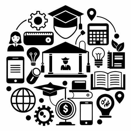 Black and white graphic icons representing education, business, and technology.のイラスト素材