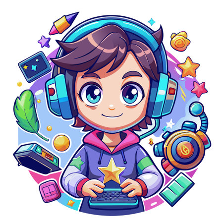Cartoon girl with blue headphones typing on a keyboard.のイラスト素材