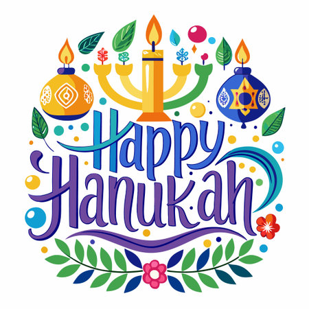 Happy Hanukkah greeting card with menorah, dreidels, and festive decorations.のイラスト素材