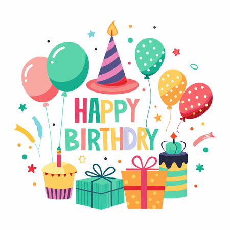 Colorful birthday celebration with balloons, cake, gifts, and confetti.のイラスト素材