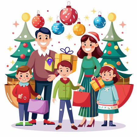 Happy family of four with presents and shopping bags standing in front of Christmas trees.のイラスト素材