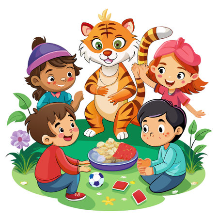 Happy kids and a tiger having a picnic with watermelon and fruit.のイラスト素材