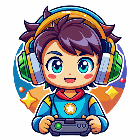 Happy gamer boy with headphones holding a joystick.のイラスト素材