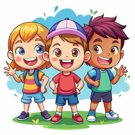 Three happy cartoon kids wearing backpacks and smiling.のイラスト素材