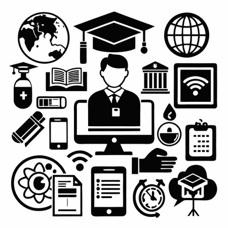 Online education with globe, graduation cap, and computer icons.のイラスト素材
