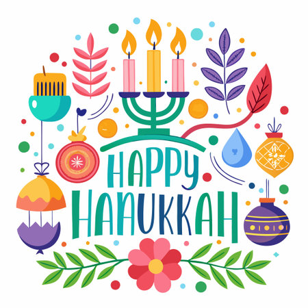 Colorful Illustration of Happy Hanukkah with Menorah, Candles and Ornaments.のイラスト素材