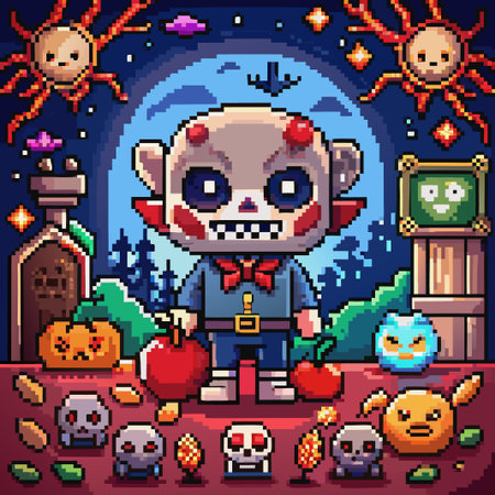 Pixel art character with skull face holding cherries in front of moon.のイラスト素材