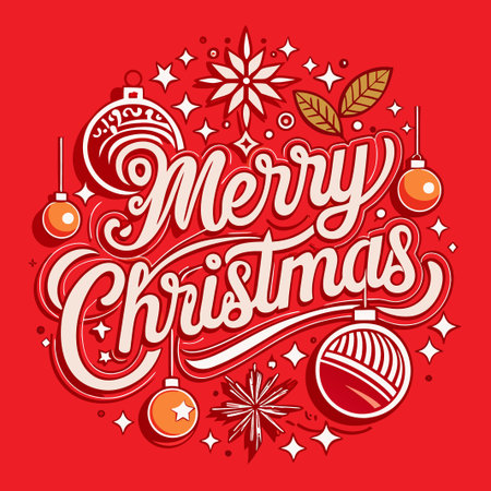 Merry Christmas red background with stylized ornaments and lettering.のイラスト素材