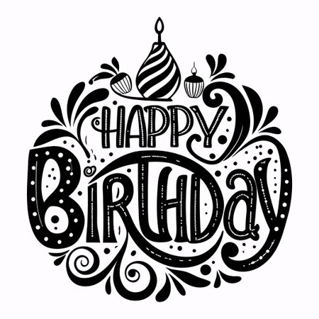 Black and white illustration of the words "Happy Birthday" with decorative elements.のイラスト素材