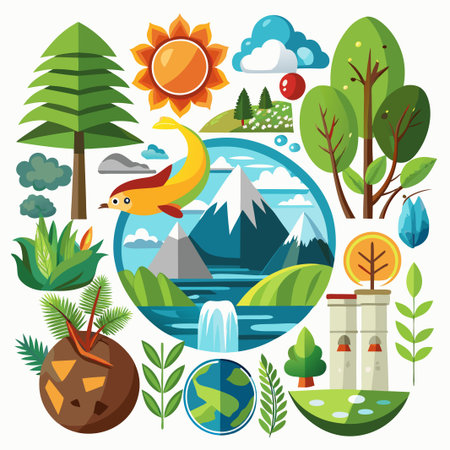 Colorful nature icons with trees, sun, mountains, birds and more.のイラスト素材