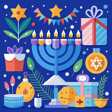 Colorful Illustration of Hanukkah Holiday Elements with Menorah, Star of David, and Gifts.のイラスト素材