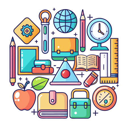Colorful cartoon icons of school supplies arranged in a circle.のイラスト素材