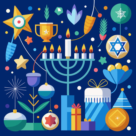 Colorful geometric illustration of a menorah with candles and gifts for Hanukkah.のイラスト素材