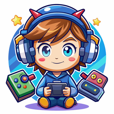 Cartoon gamer girl playing video games with a headset and controllers.のイラスト素材