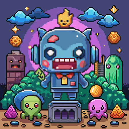 Pixelated robot character surrounded by other pixel characters in an imaginative landscape.