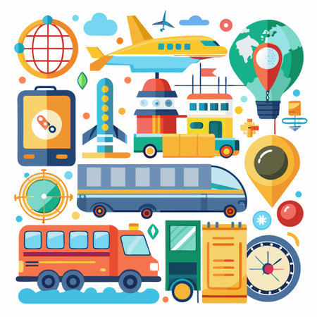Colorful Transportation and Travel Illustration.のイラスト素材