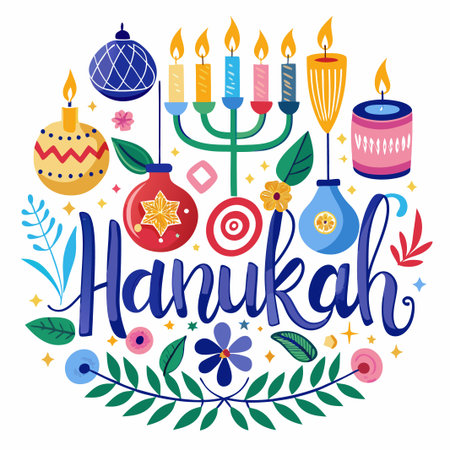 Colorful Hanukkah Illustration with Candles, Ornaments, and Flowers.のイラスト素材