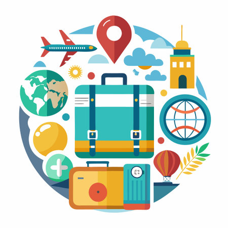 Travel illustration with suitcase, globe, camera, and airplane.のイラスト素材