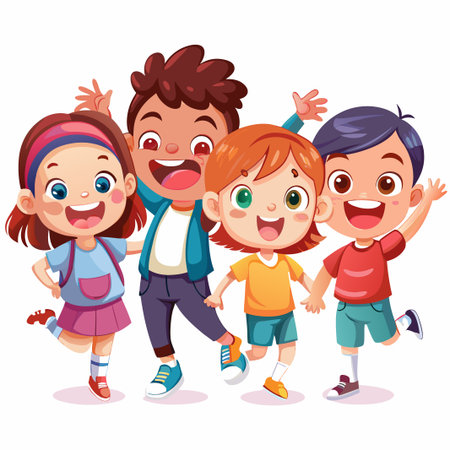 Four happy children standing together and smiling.のイラスト素材