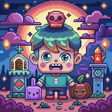 Pixel art character with a skull and pumpkin.のイラスト素材