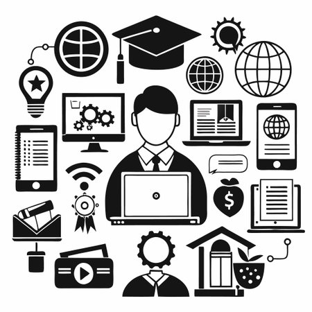 Black and white illustration of online education concepts.のイラスト素材