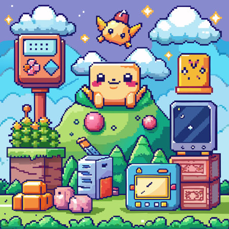 Pixelated landscape with a cute yellow character in the center.のイラスト素材