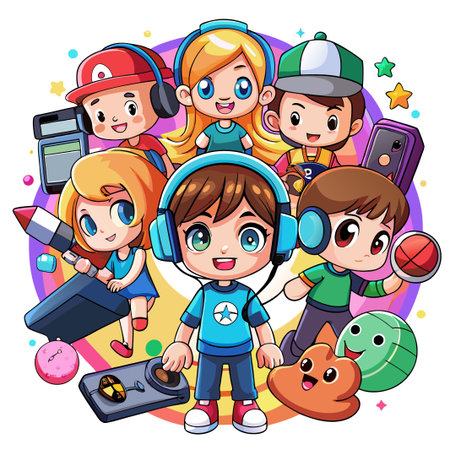 Six cartoon children in bright colors with headphones, a rocket, and a phone.のイラスト素材