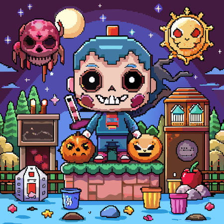 Pixelated character standing on a brick wall with two pumpkins in front of them.のイラスト素材