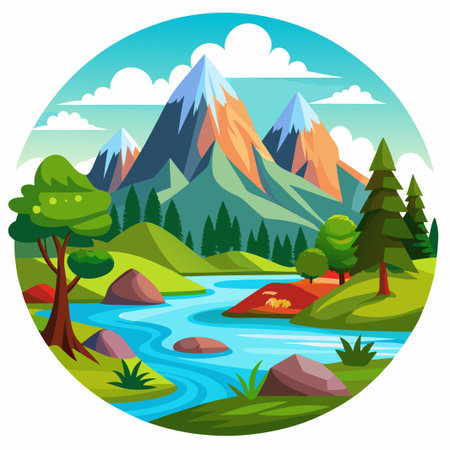 A scenic illustration of a river flowing through a valley with mountains in the background.のイラスト素材