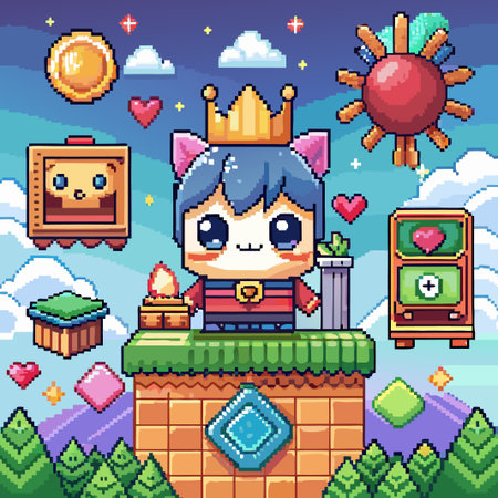 Pixelated cat king character with crown, hearts, and a gold coin on a platform with green grass.のイラスト素材