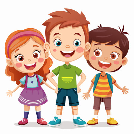 Three happy cartoon children smiling and standing together.のイラスト素材