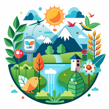 A circular illustration depicting a vibrant landscape with mountains, a river, a waterfall, trees, flowers, and birds.のイラスト素材