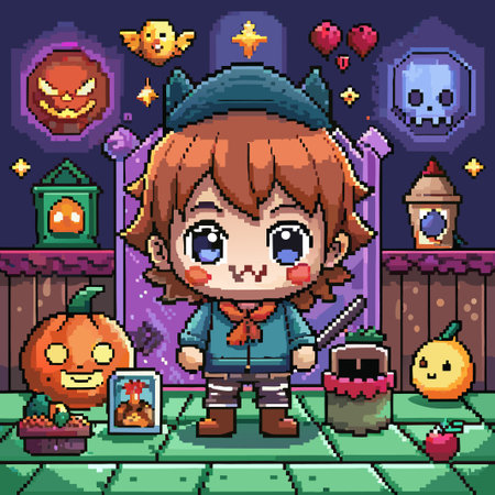 Cute pixel art character in a Halloween setting, surrounded by pumpkins, a spooky skull, and a bird.のイラスト素材