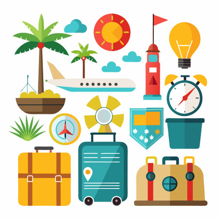 Colorful Travel Icons - Plane, Suitcases, Palm Trees, Clock, Compass.のイラスト素材