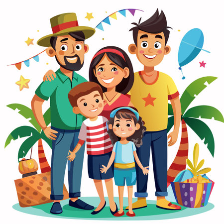 Happy family standing together with festive decorations behind them.のイラスト素材