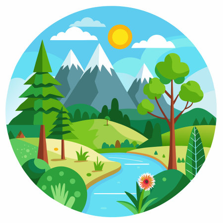 A sunny day with blue sky, white clouds, mountains, river, trees, and flower.のイラスト素材