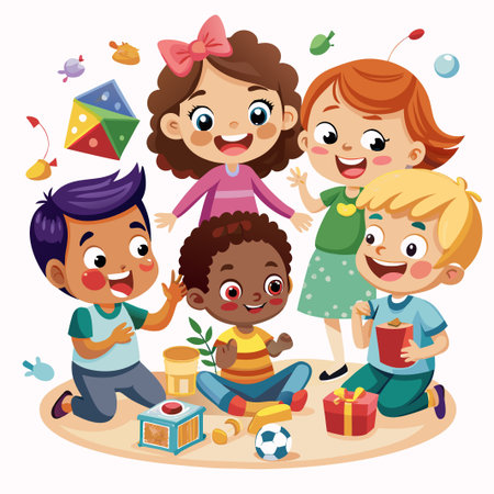 Happy Diverse Kids Playing Together with Toys.のイラスト素材