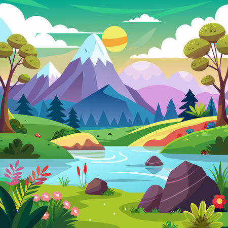 Mountain River Landscape with Green Grass, Sun and Flowers.のイラスト素材