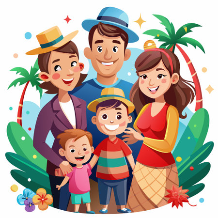 Happy family of four standing together with smiles, surrounded by tropical plants.のイラスト素材